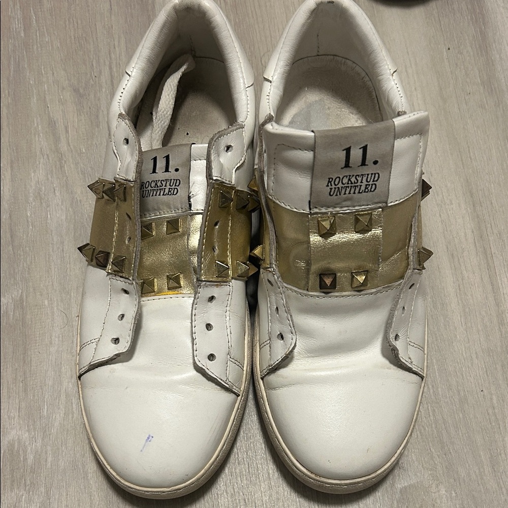 Valentino White and Gold Rockstud Sneakers